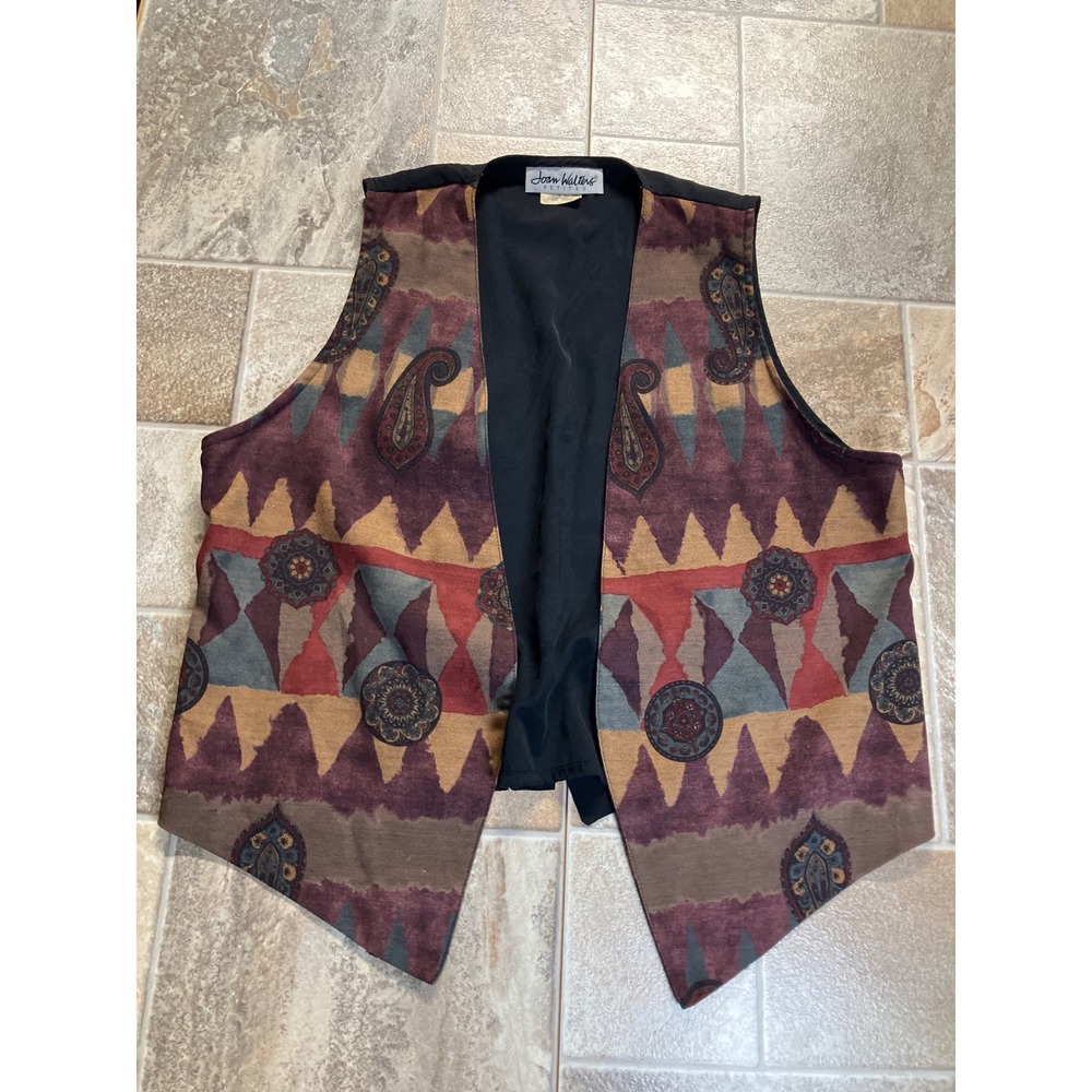 Joan Walters Petites‎ Paisley Geometric Print Vest Black Tie Back Size 12